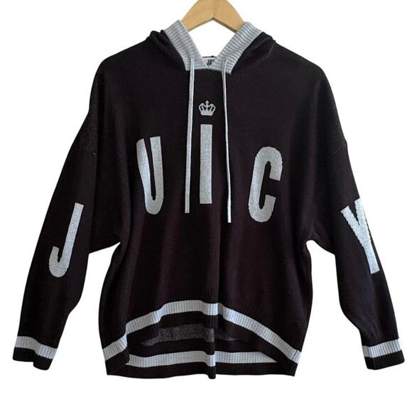 Juicy Couture Spell Out Hooded Sweater Women’s Sz L Black Gray Trim Street Wear - Picture 1 of 8
